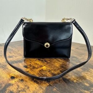 Vintage Gucci Black Leather Shoulder Bag With Crest Charm